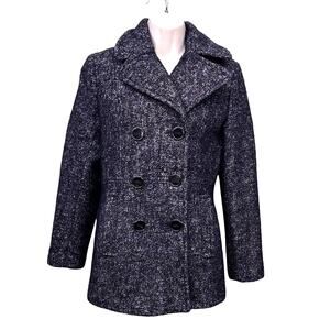 Kenneth Cole small wool tweed Women blazer pea coat double breasted black